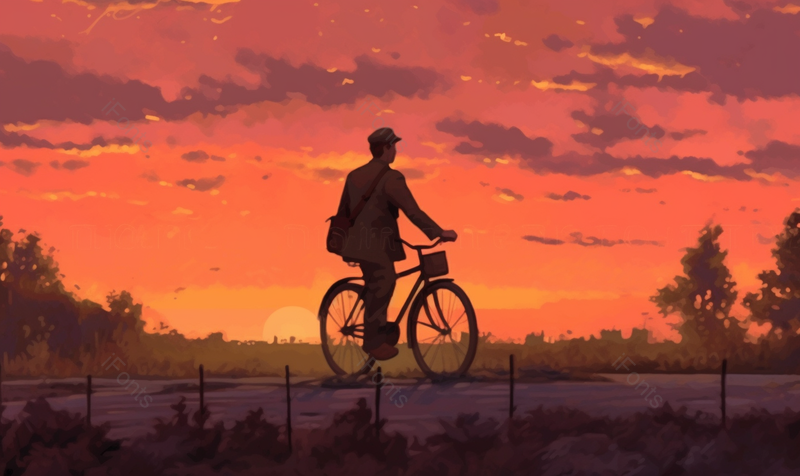 夕阳下骑自行车的邮递员手绘插画背景图,插画/手绘图,插画/手绘图库,插画/手绘图下载,插画/手绘